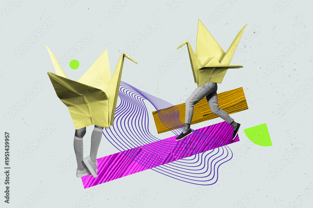 Fototapeta premium Creative drawing full image collage picture of origami bird crane friends couple walk meeting asian traditional folded paper