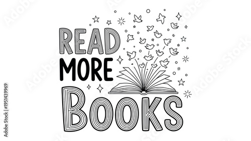 Read More Books:  An open book with soaring shapes suggesting a world of knowledge and exploration.  Encouraging a love for reading.