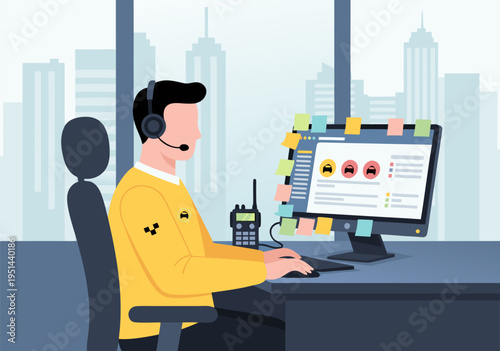 Vector illustration of focused call center agent working at desk with headset computer urban skyline window view