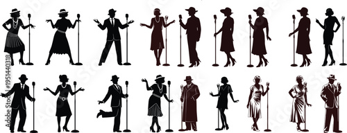 Collection of 12 black and white silhouette figures with various poses and attire silhouette
