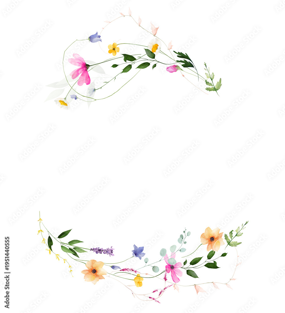 Fototapeta premium Watercolor floral wreath border frame. Pink chamomiles, yellow, orange, peach poppy, flowers. green, turquoise branches. Hand drawn style illustration. Artistic template design.