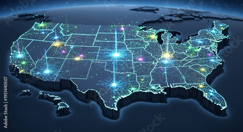 Glowing map of USA with illuminated cities and data connection nodes. Digital network infrastructure and communication technology concept. Global connectivity and modern information exchange.