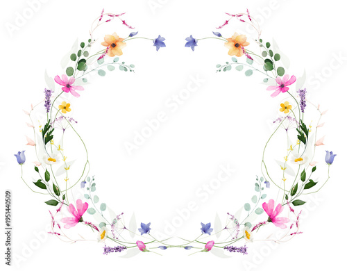 Watercolor floral symmetrical wreath frame. Pink chamomiles, yellow, orange, peach. flowers, green, turquoise branches. Hand drawn style illustration. Artistic template design.