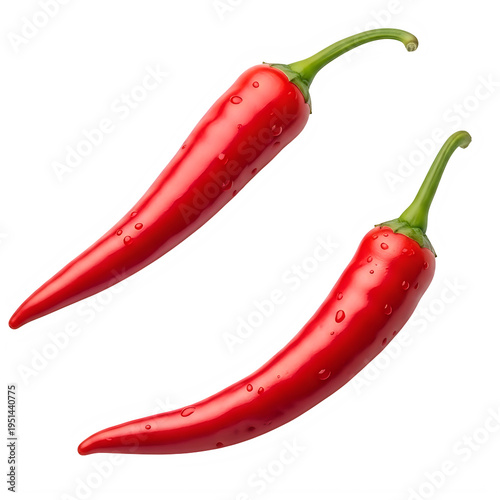 Two red chili peppers with green stems isolated on transparent background