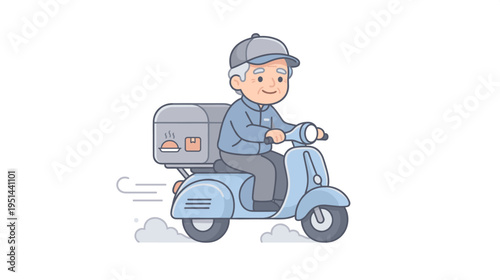 Elderly man delivering food on scooter in cartoon style  