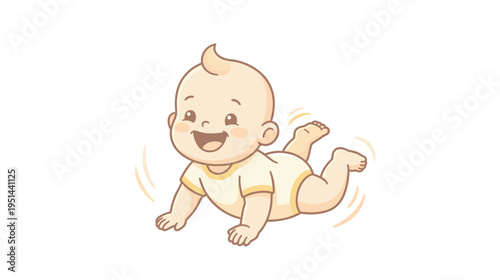 Happy baby crawling on floor with playful expression  