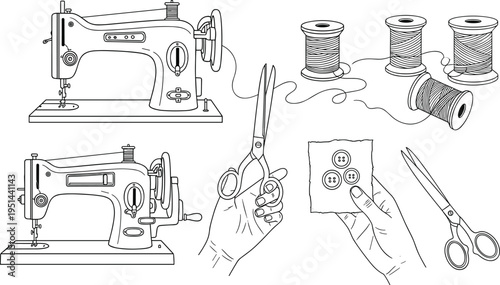 Vintage sewing machines and tools silhouette illustration for crafters and tailors