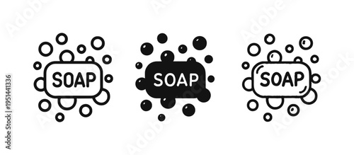 Soap Bar with Bubbles Icon Set - Outline, Solid, and Hand-Drawn Styles for Hygiene