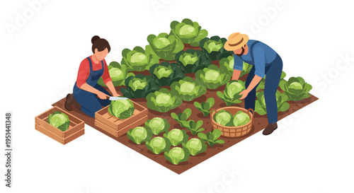 Two farmers harvesting fresh cabbage from a garden displayed in a vibrant illustrative style silhouette high quality professional detailed modern