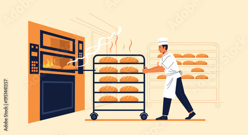 Professional baker in a white uniform pulls a tray of fresh loaves of bread from a large industrial oven.