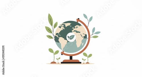 Earth globe with green leaves and seedlings on desk symbolizing eco friendly global care and sustainability