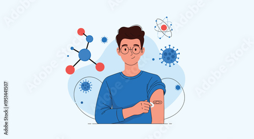 Smiling young man shows a bandage on his arm after receiving a vaccination with virus and atom symbols in background.
