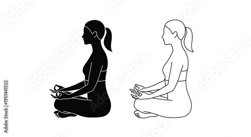 This vector graphic illustration presents a minimalist black silhouette alongside an outline of a woman meditating in a serene yoga pose, promoting mindfulness and wellness.