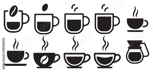  Hot tea and coffee cup icons with liquid levels and steam vector illustration eps 10