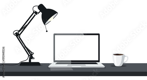 A minimalist workspace with a laptop desk lamp and coffee cup presented as a striking silhouette high quality professional detailed modern