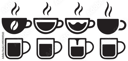 Steaming hot coffee cup icons set in outline style vector illustration eps 10