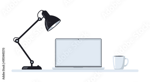 A minimalist workspace featuring a laptop desk lamp and coffee mug presented as a stark silhouette high quality professional detailed modern