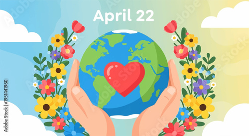 Earth day illustration with hands holding globe surrounded by flowers and heart