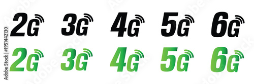 Cellular network signal icon set representing 2g 3g 4g 5g and 6g technologies with wireless frequency symbols vector illustration.