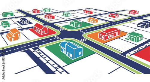 An aerial view depicts a colorful geometric neighborhood layout with distinct building shapes in a flat silhouette high quality professional detailed