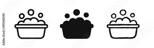 Wash Tub with Bubbles Icon Set for Laundry and Cleaning