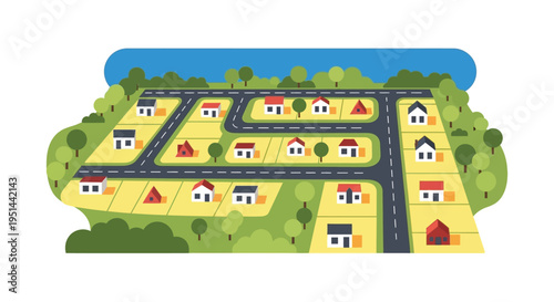 A colorful stylized aerial view of a suburban neighborhood with winding roads and houses a flat design silhouette high quality professional
