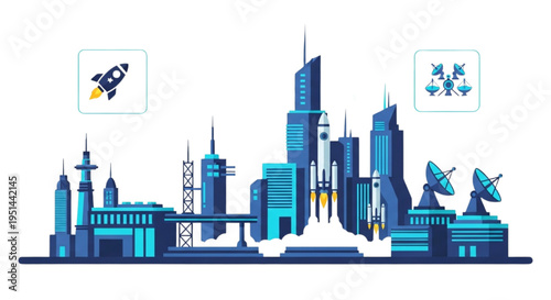 Dynamic illustration of a high-tech city with space travel and advanced communication infrastructure