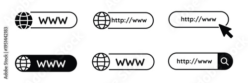 Web browser search bar icon set with world globe symbols and url address fields for internet navigation vector illustration.