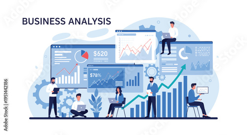 Team of business professionals performs data analysis and financial reporting using various charts and screens.