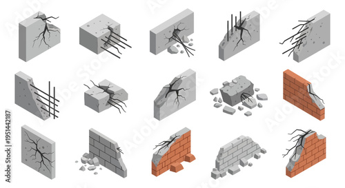 Isometric view of fractured concrete blocks and brick walls with exposed rebar representing damage and destruction silhouette high quality professional