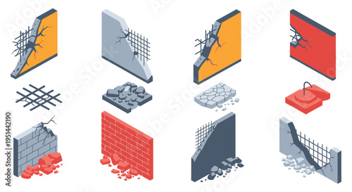 Isometric representation of crumbling walls and debris showing structural damage and destruction in a geometric silhouette high quality professional detailed modern