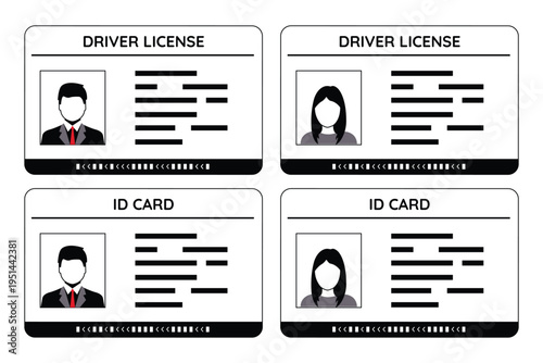 Identification card and driver license icon set featuring male and female profile avatars with biometric data vector illustration.