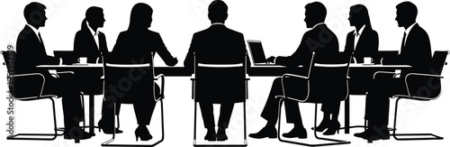 Business people silhouette sitting at conference table in office meeting cad drawing flat vector illustration for corporate board room discussion