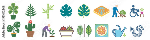 set of colorful plant and gardening icons, botanical and nature symbols with leaves and pots, flat vector collection on transparent background