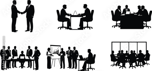 Business people silhouettes in office meeting handshake teamwork professional corporate environment collaboration conference board room presentation cad drawing flat vector illustration