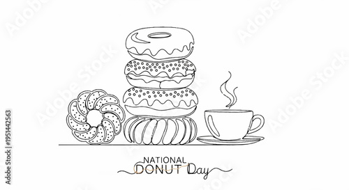 Donuts and coffee on national donut day with assorted sweet treats and steaming cup