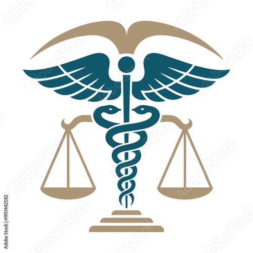 Medical law and justice symbol, caduceus with scales of justice vector, healthcare legal emblem, medical ethics illustration, isolated graphic design