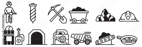 set of mining and industry icons, equipment tools and worker symbols, modern outline vector collection on transparent background