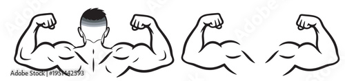 set of muscle and fitness icons, strong arms and bodybuilding symbols, simple vector collection on transparent background