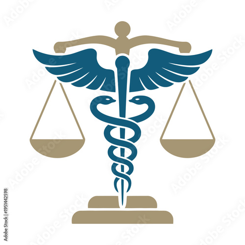 Medical law and justice symbol, caduceus combined with scales of justice, vector medical legal illustration, healthcare ethics emblem, isolated graphic