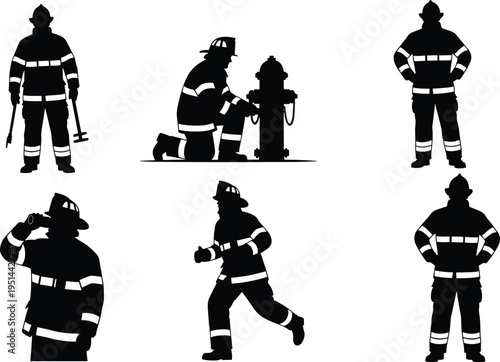 Firefighter silhouettes in action, emergency response poses, safety uniform with reflective stripes, hydrant work, running, standing, drinking water, heroic fire rescue illustration