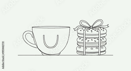A line drawing of a smiling coffee cup next to a wrapped stack of cookies on a plain background