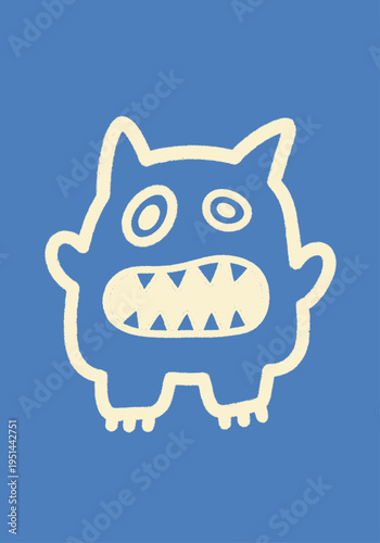 Playful cartoon monster character in a simple hand-drawn vector illustration, featuring large eyes, pointy ears, and sharp teeth on a solid blue background