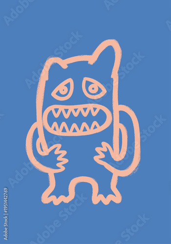 A quirky hand-drawn vector illustration of a sad and textured peach monster character with large eyes and sharp teeth on a simple blue background
