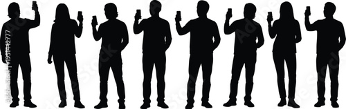 Group of silhouettes holding smartphones, modern technology lifestyle illustration, digital communication artwork, social media concept, mobile device usage, connectivity, internet culture