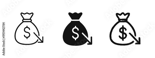 Money bag with downward arrow icon set. Financial loss, crisis, recession, or decreasing earnings symbol.