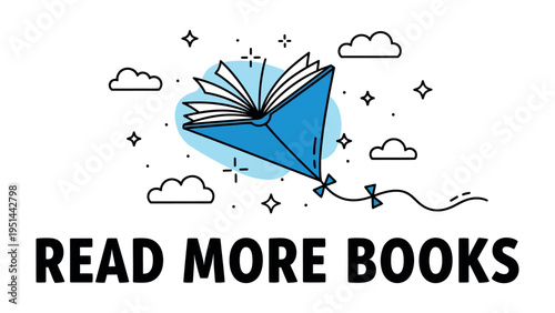 Soaring Literary Aspirations: A creative illustration showcases an open book transformed into a kite, playfully gliding through the air amidst clouds and stars.