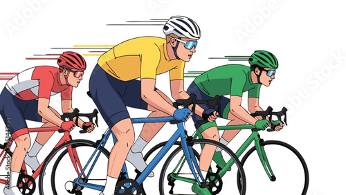 Dynamic vector illustration of three cyclists racing forward in competitive motion on white background
