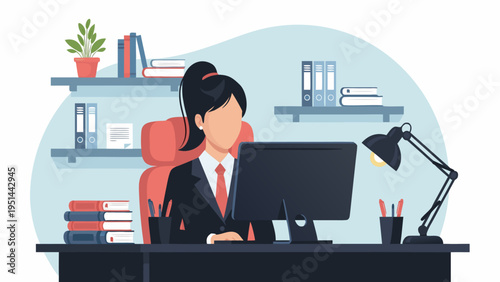 Vector illustration of focused professional woman typing at tidy office desk with books shelves and lamp