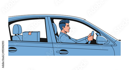 A man drives a blue car while talking on his phone with a package on the seat silhouette high quality professional